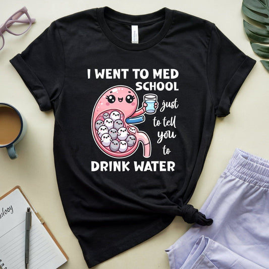 Black t-shirt with humorous design and text on a light surface with coffee and glasses.