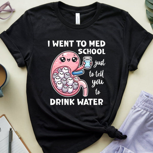 Black t-shirt with humorous design and text on a light surface with coffee and glasses.