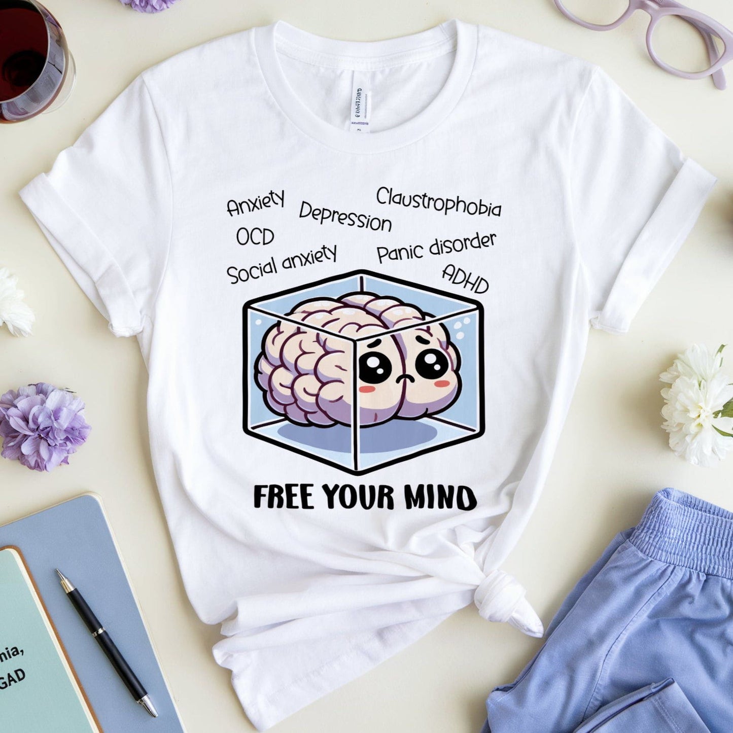 White t-shirt with a brain graphic and text on a table with flowers and glasses