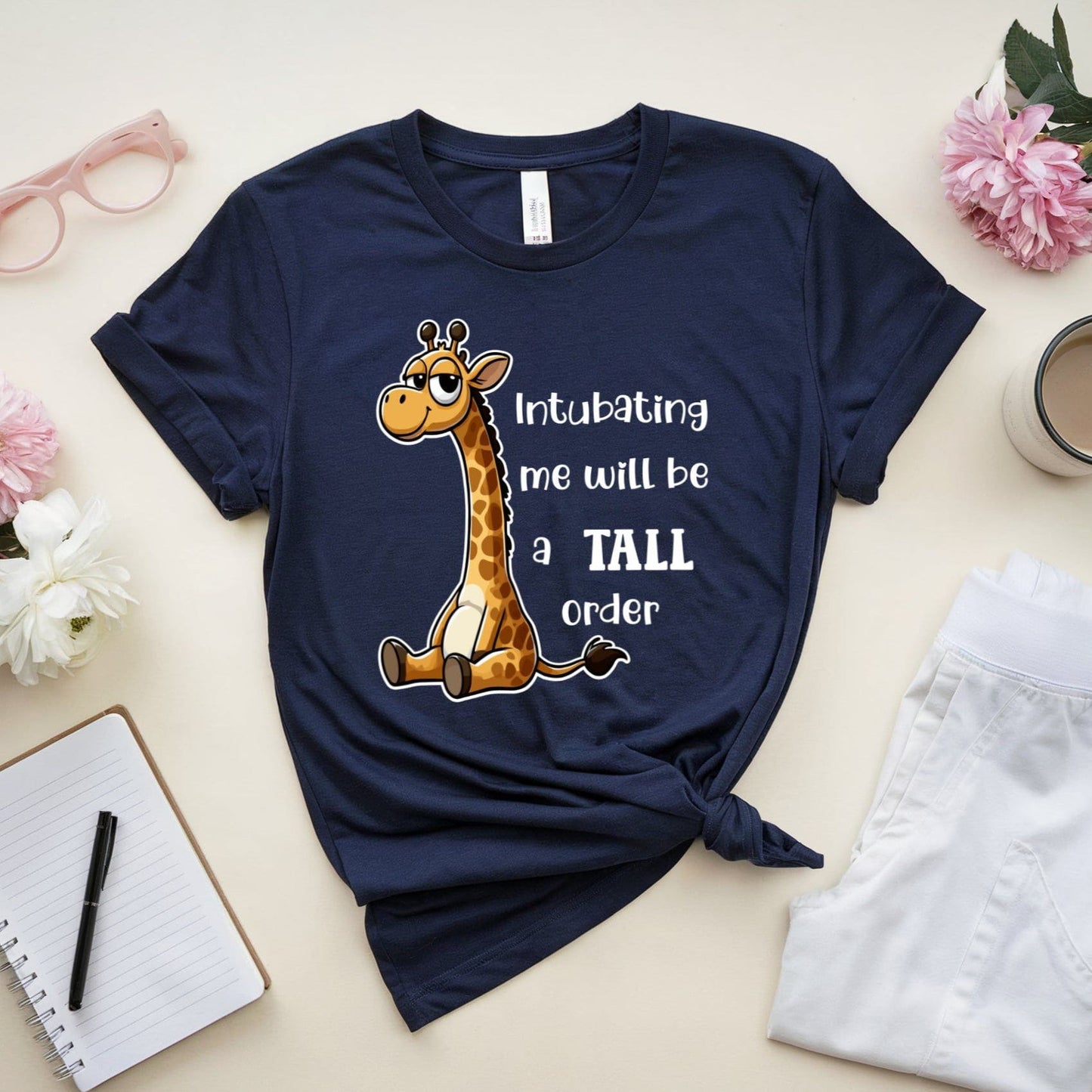 Navy blue t-shirt with a giraffe graphic for anesthesiologist or anesthetists.