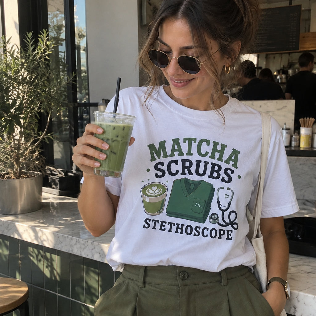 A woman wearing a white graphic t-shirt that reads 'MATCHA SCRUBS STETHOSCOPE' with green illustrations, paired with olive green pants, holding a green iced coffee in a cafe setting.