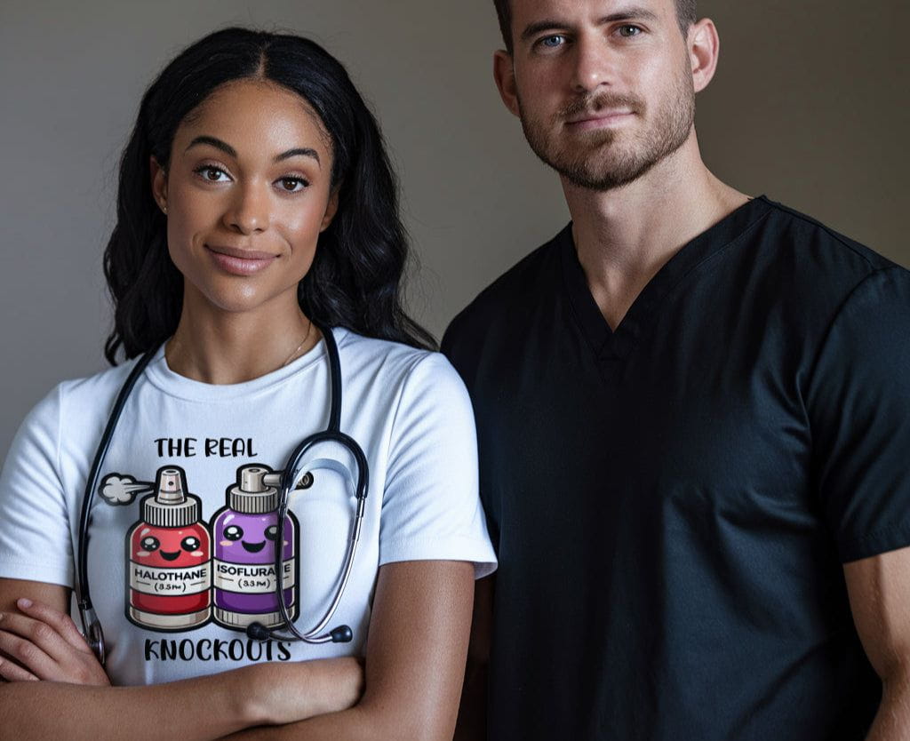 Two doctors wearing funny medical themed tshirts.