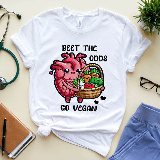 White t-shirt  for cardiology with a heart and vegetables graphic and text 'Beet the Odds, Go Vegan' on a light surface with accessories.