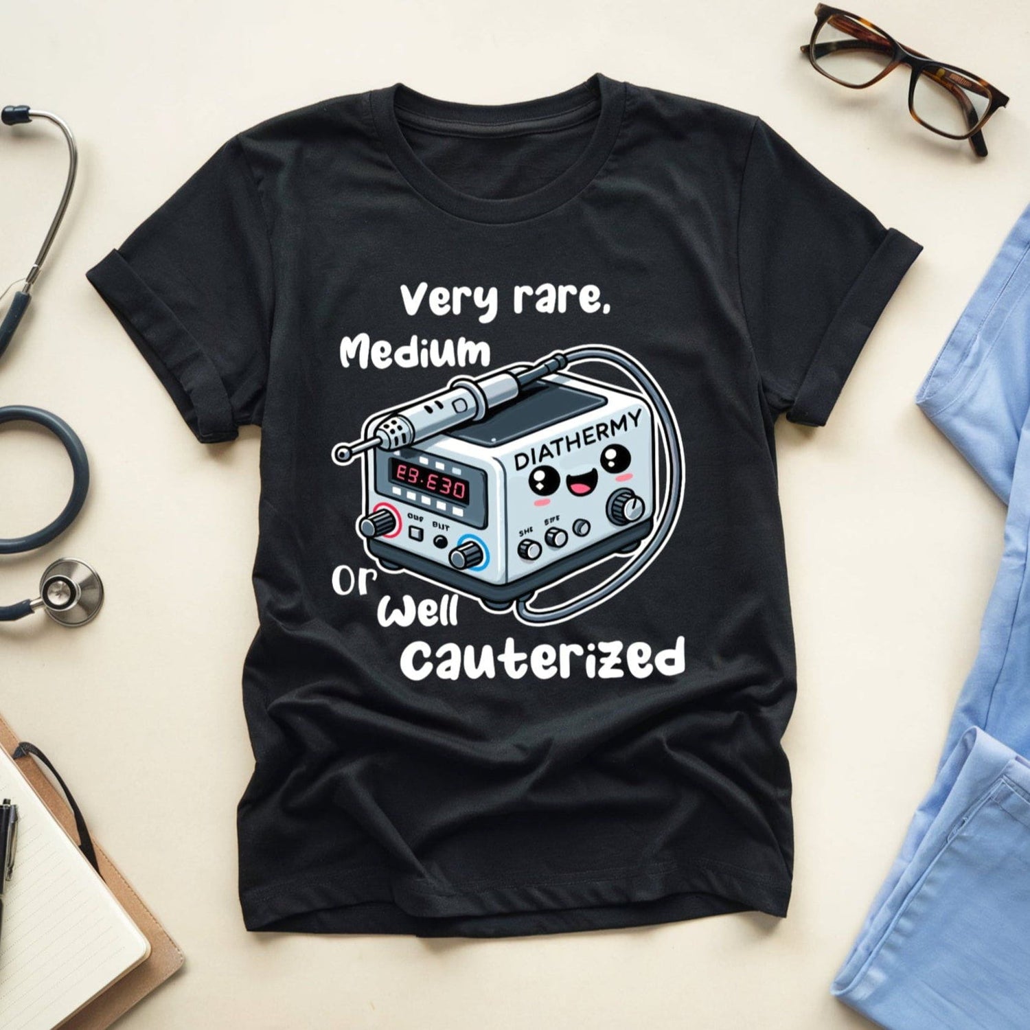 Black t-shirt for surgeons with medical equipment graphic and text on a light surface with stethoscope and glasses.