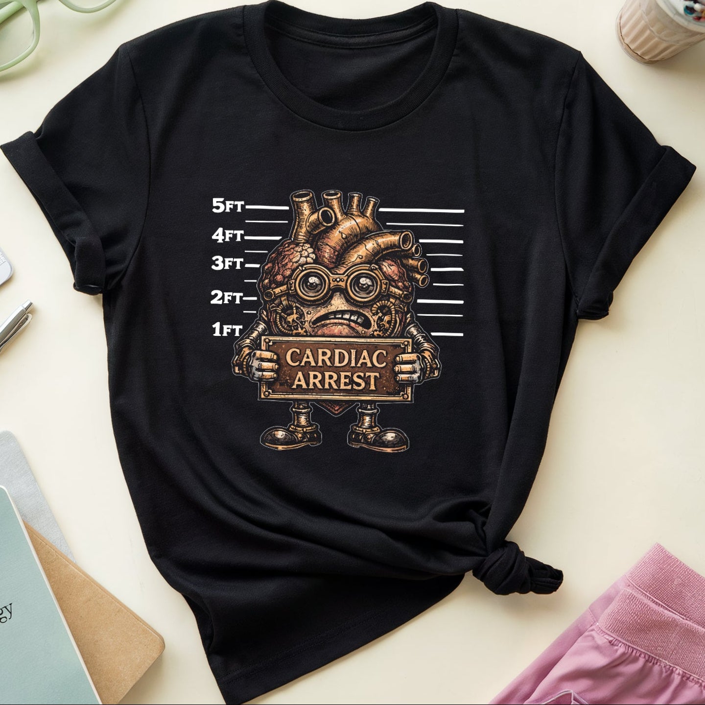 Black t-shirt with a graphic design on a light surface with accessories around