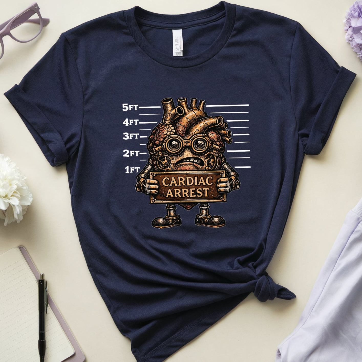Navy blue t-shirt with a graphic design  for cardiologists on a light surface with accessories around