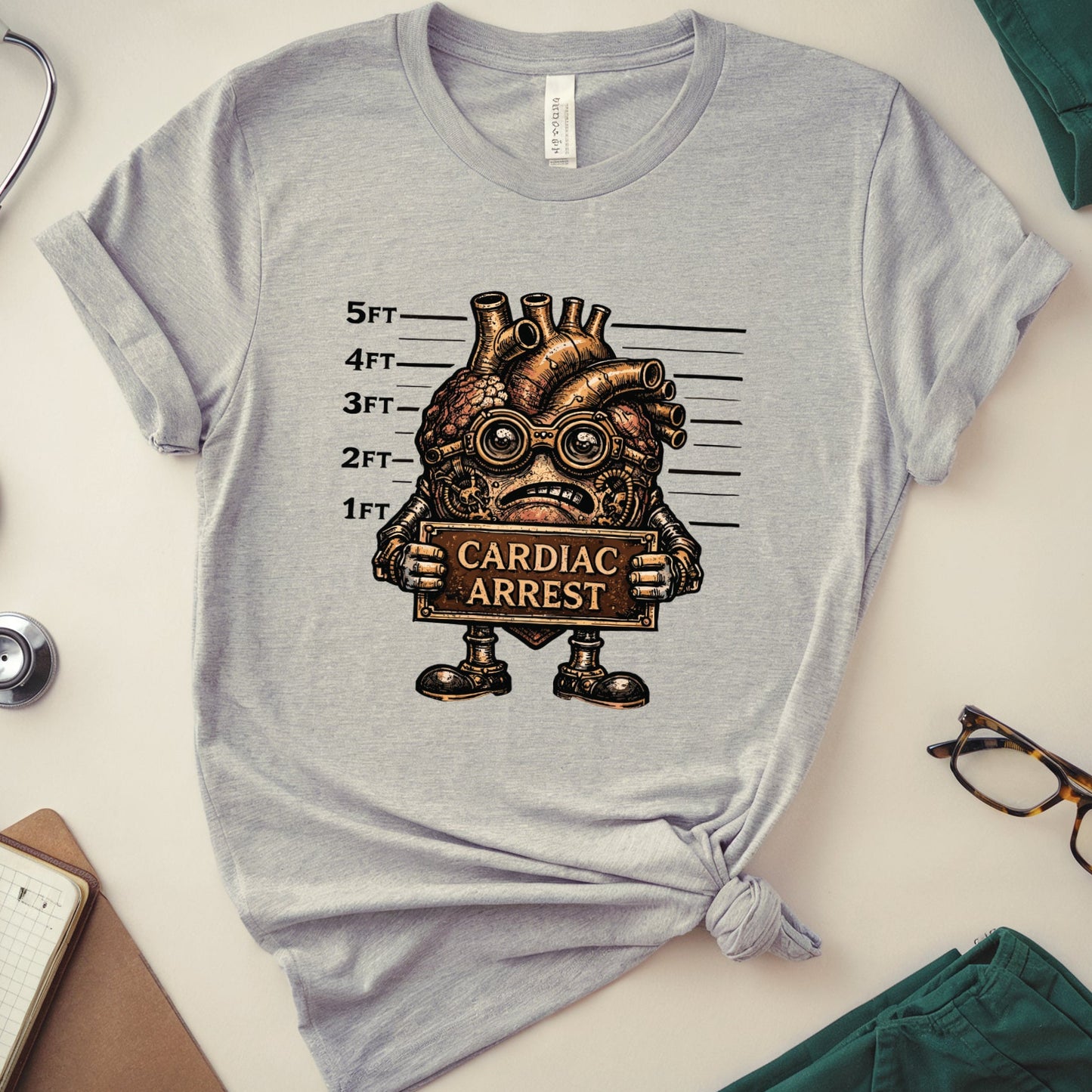 Gray t-shirt with a graphic design of a heart and 'Cardiac Arrest' text, placed on a surface with medical-themed items.