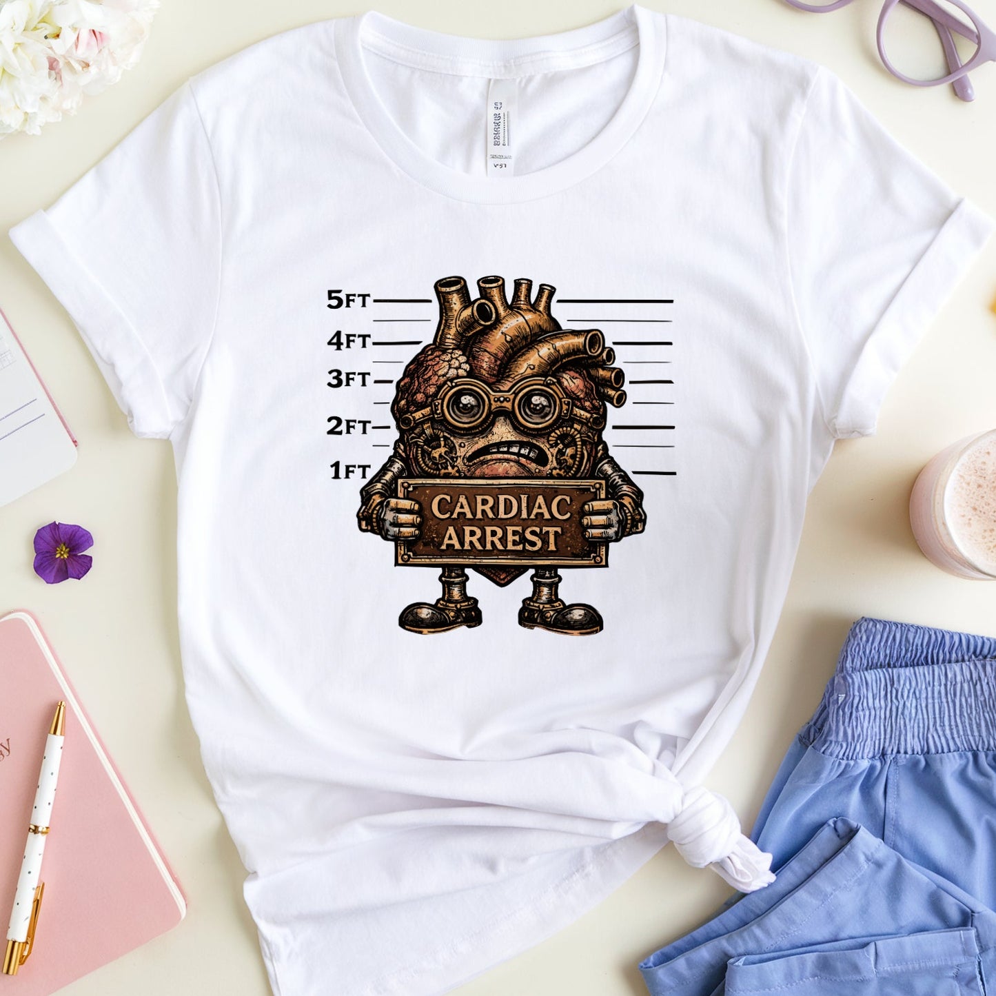 White t-shirt with a graphic design on a table with accessories