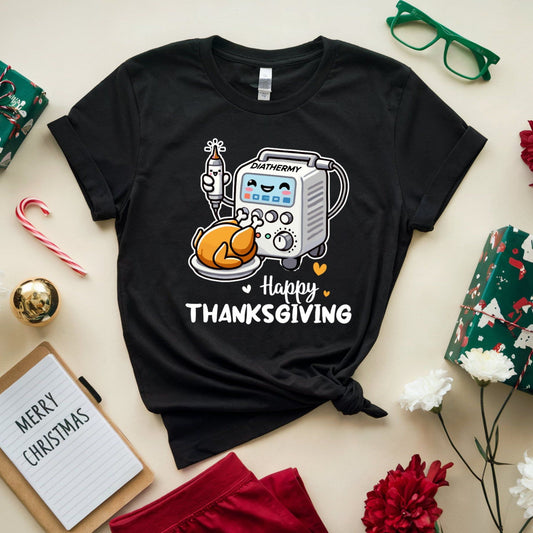 Black t-shirt with Thanksgiving graphic for OR/Theatre crew on a festive background with presents and flowers.