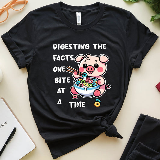 Black t-shirt with a cartoon pig eating cereal.