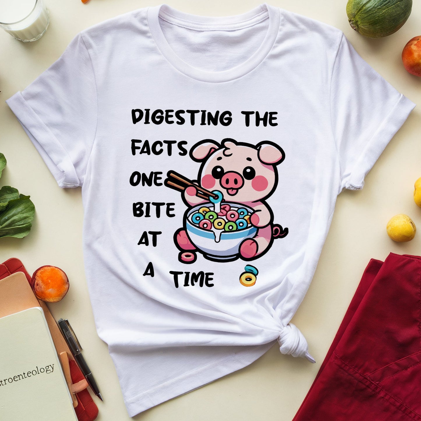 White t-shirt with a cartoon pig eating cereal and text, surrounded by vegetables and a glass of milk on a beige background.