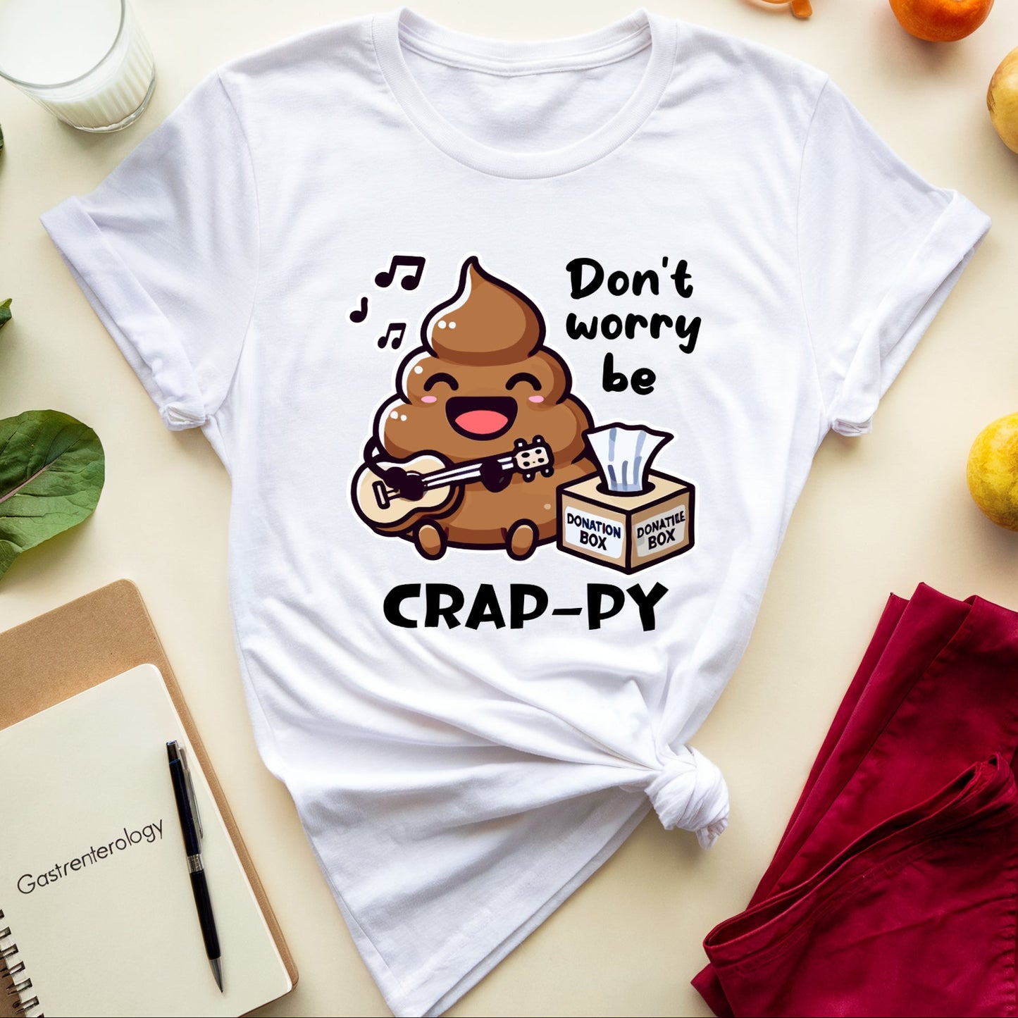 White t-shirt with a cartoon poop singing don't worry be crappy with tissue donation box.