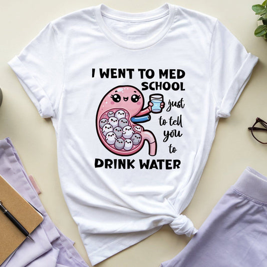 White t-shirt with a humorous design about med school and water, placed on a light surface with accessories.