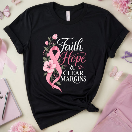 A black short-sleeve graphic T-shirt laid flat on a light cream background, surrounded by pink flowers, butterflies, a pink ribbon, purple eyeglasses, a notebook, and pink pants. The shirt has a floral and ribbon design with the words 'Faith Hope & Clear Margins.
