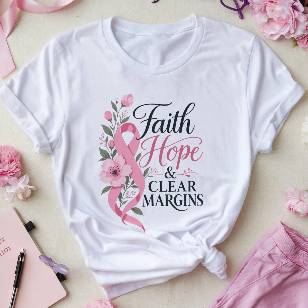 A white short-sleeve T-shirt laid flat on a light beige surface, styled with pink flowers, a pink ribbon, glasses, butterflies, a notebook, and a pink garment. The shirt has a floral and ribbon graphic with the words 'Faith Hope & Clear Margins' in black and pink lettering.
