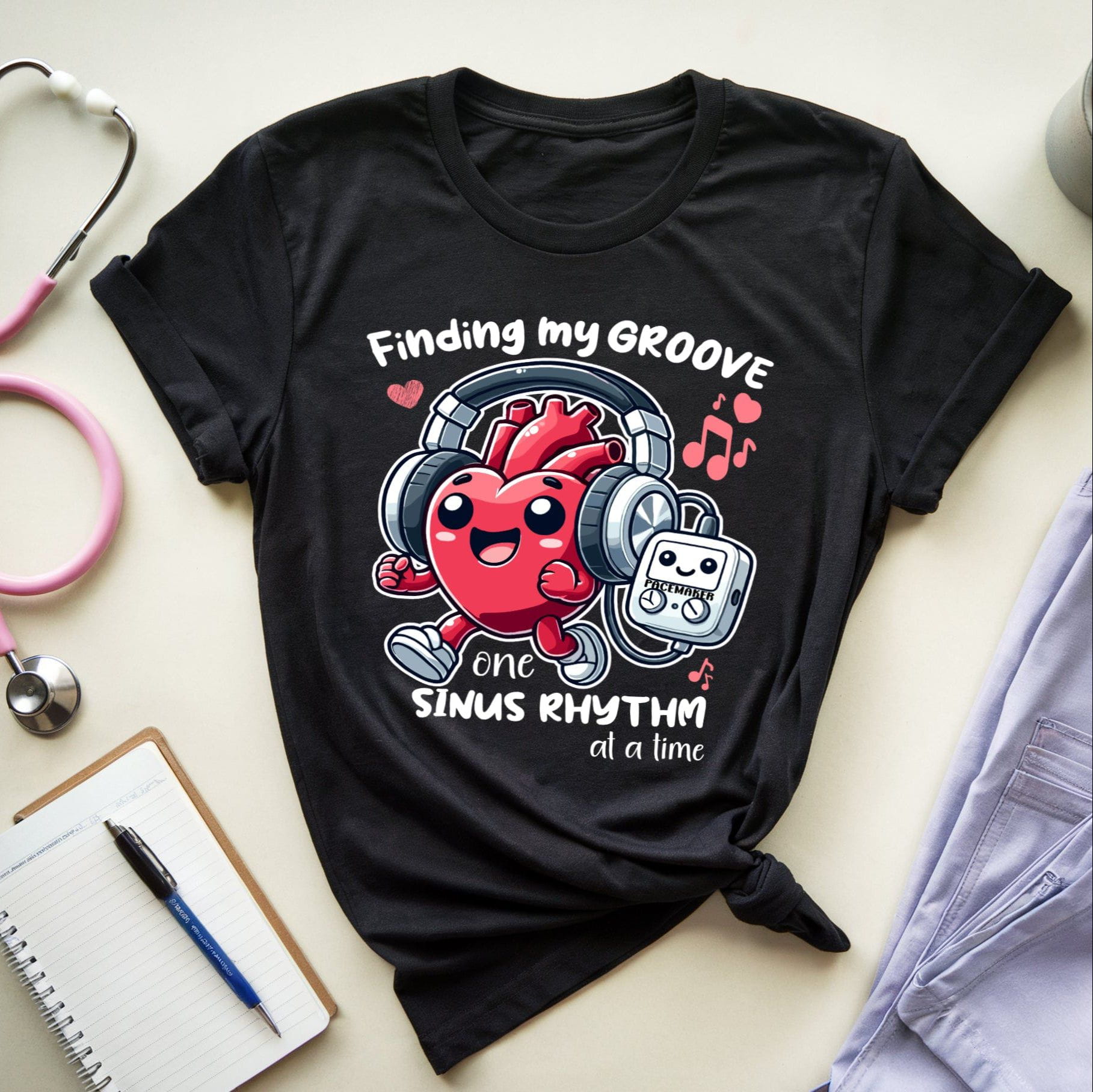 Black t-shirt with a heart graphic and text  for cardiologists on a light surface with medical equipment.