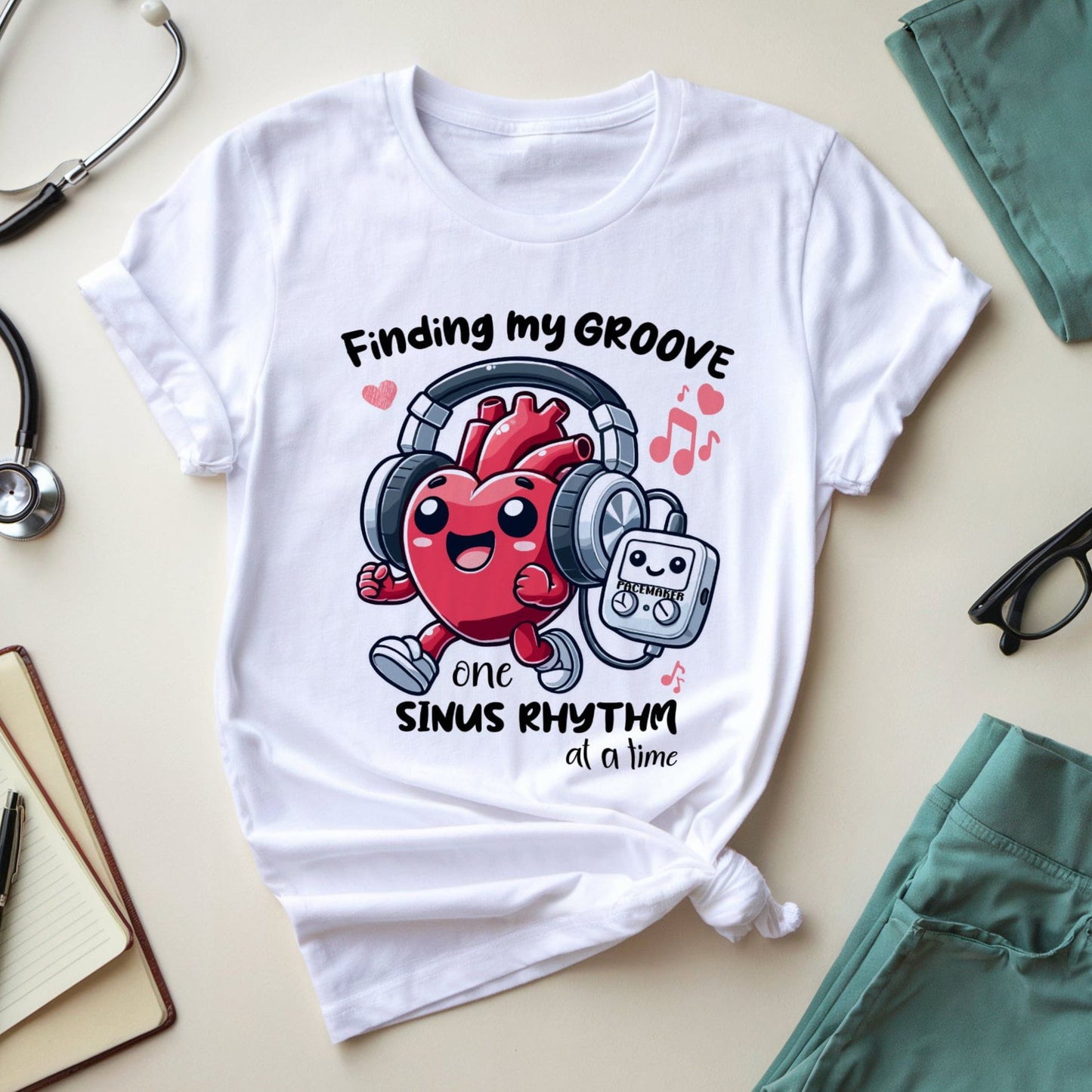 White t-shirt  for cardiology with a jogging heart listening to music from its pacemaker design and text on a light surface with medical-themed items.