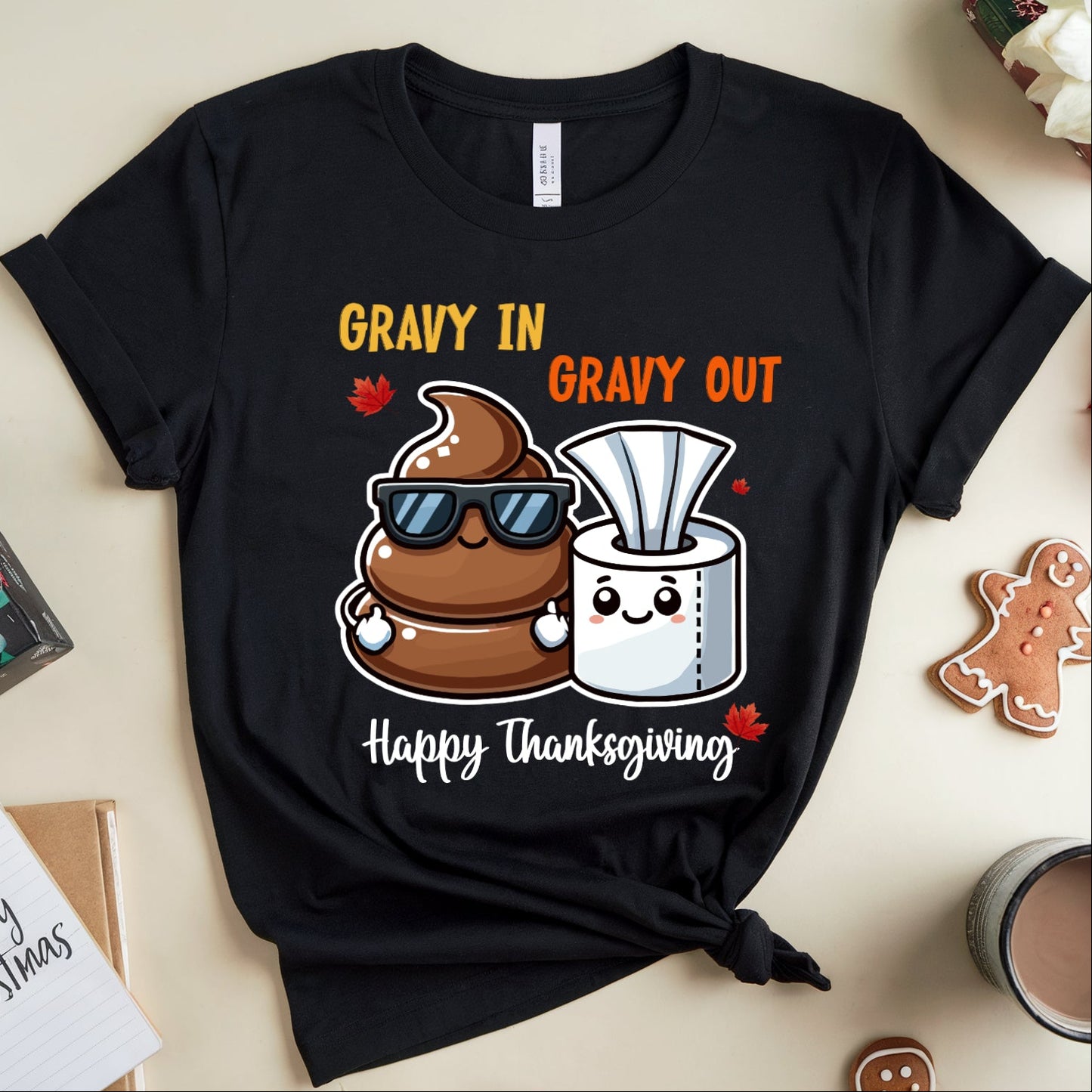 Black t-shirt with Thanksgiving-themed design about poop and tissue paper.