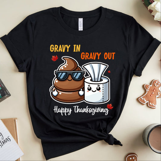 Black t-shirt with Thanksgiving-themed design about poop and tissue paper.