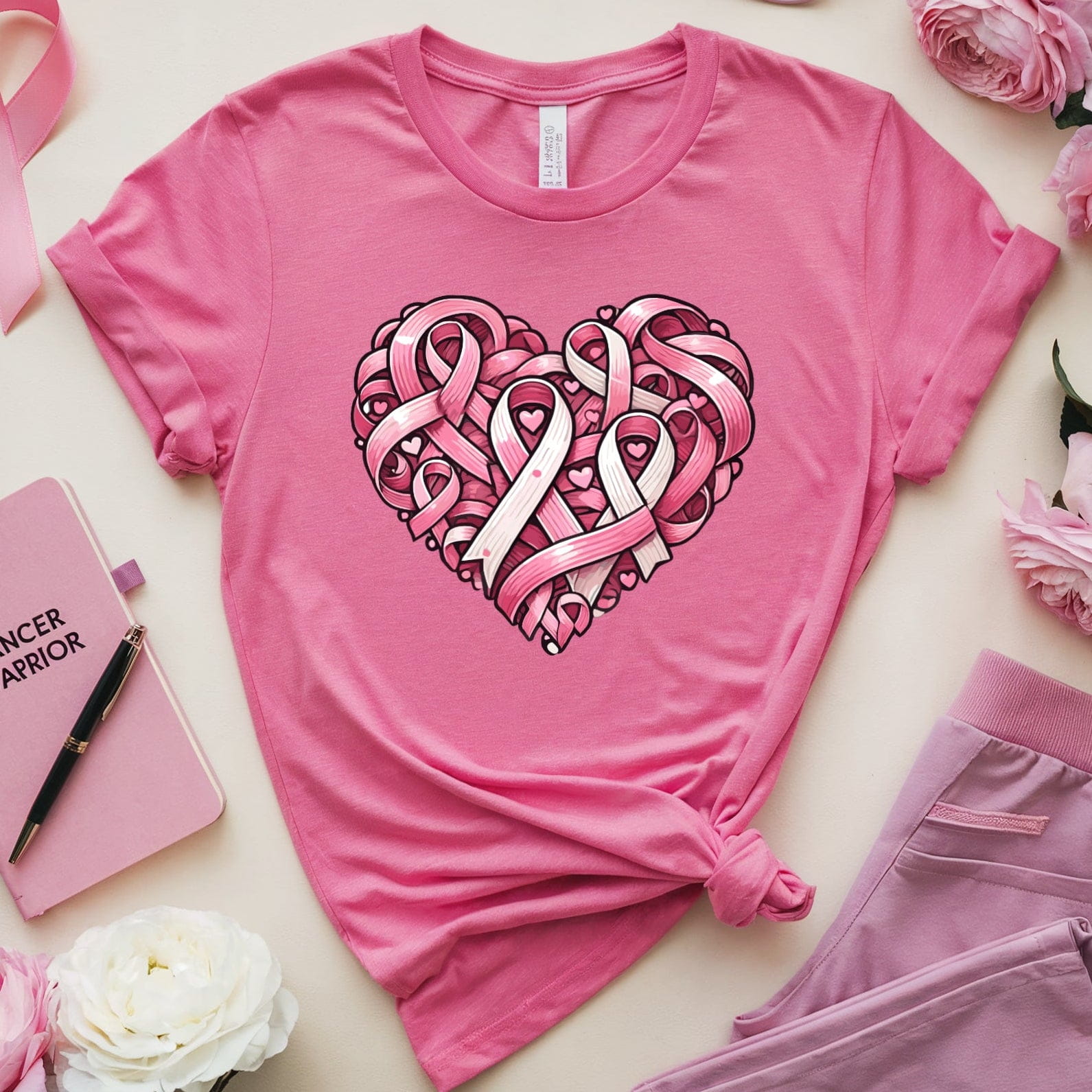Pink t-shirt with heart design featuring pink ribbons, surrounded by pink accessories and flowers on a light background.