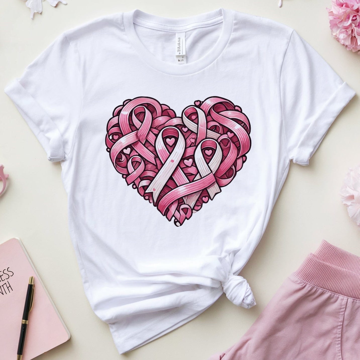 White t-shirt with pink heart design surrounded by breast cancer awareness items on a light background