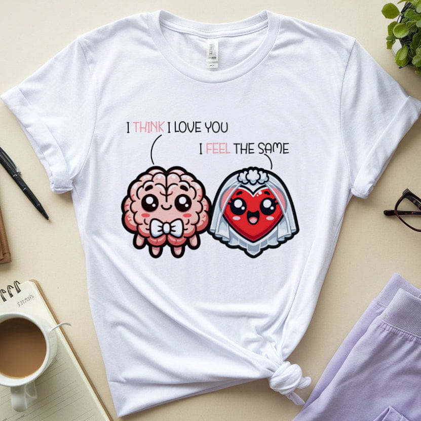 White t-shirt with cartoon brain and heart design on a table with coffee, glasses, and notebook.