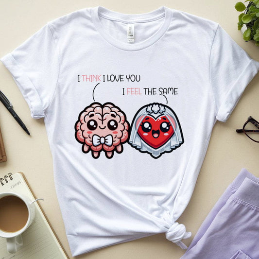 White t-shirt with cartoon brain and heart design on a table with coffee, glasses, and notebook.