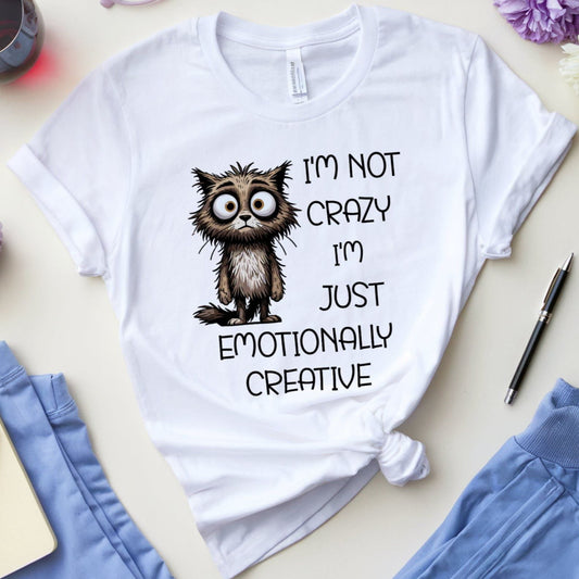 White t-shirt with a cat graphic for mental health that is sarcastic.