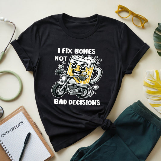Black t-shirt with a graphic design for orthopedics on a light surface with accessories around