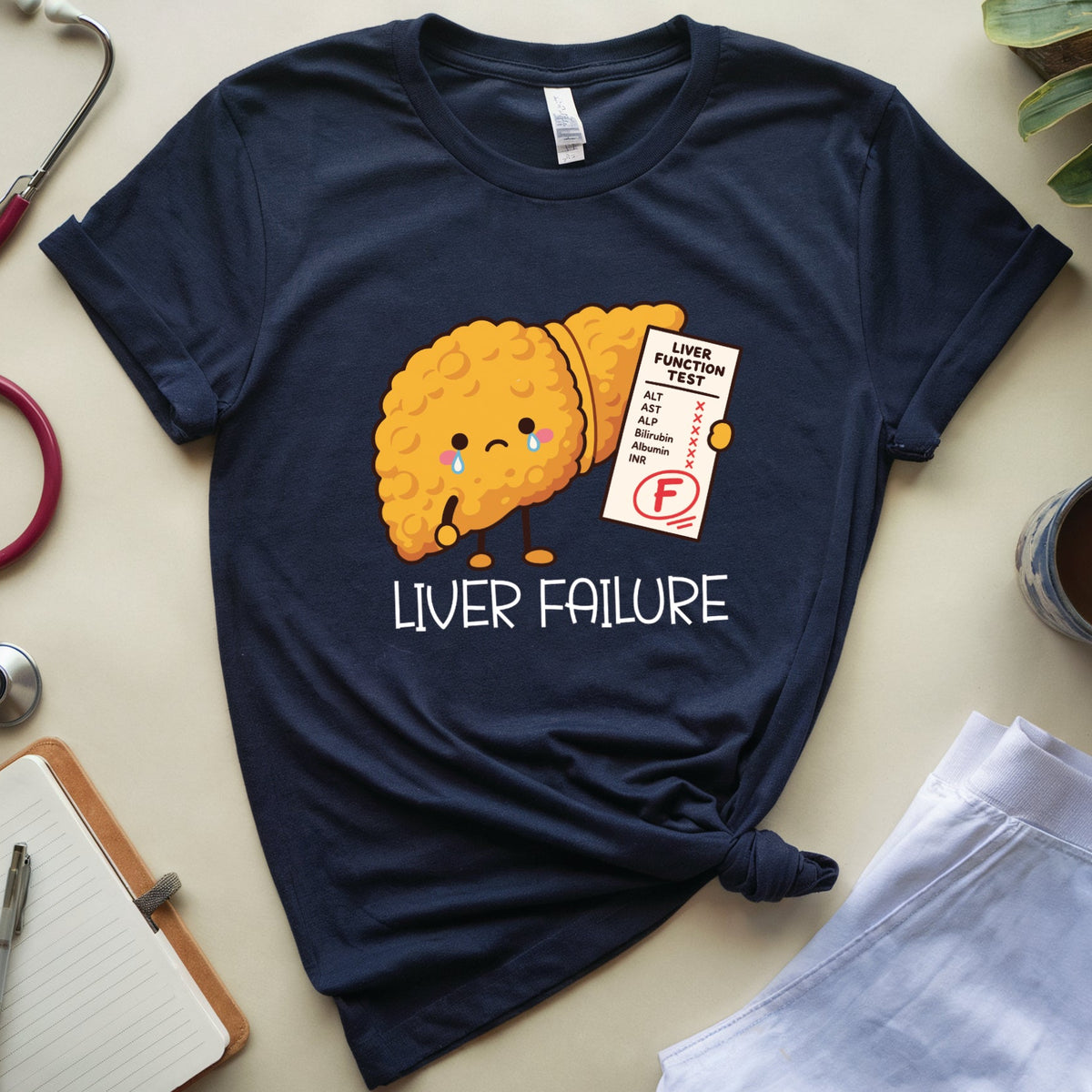 A navy blue graphic t-shirt featuring a cute yellow cartoon liver character with a stethoscope and a failing grade report card, with the text 'LIVER FAILURE' underneath. The t-shirt is styled in a flat-lay arrangement with a stethoscope, notebook, plant, and coffee cup on a beige background.