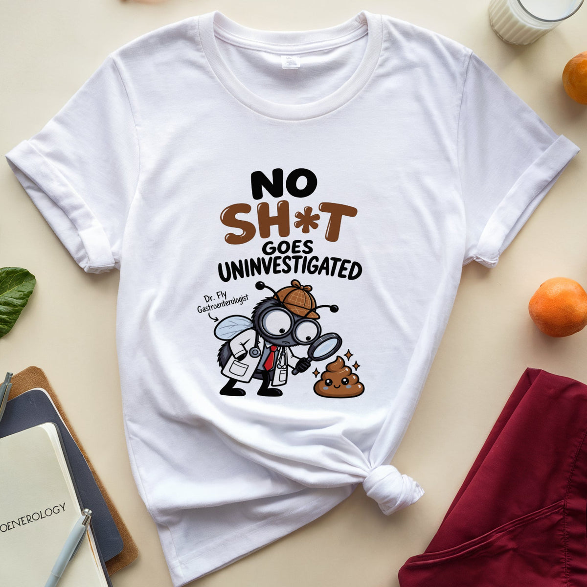 A white graphic t-shirt with a medical-themed 'No Sh*t Goes Uninvestigated' print, styled in a flat lay with medical scrubs, glasses, a notebook, and fruit on a beige background.