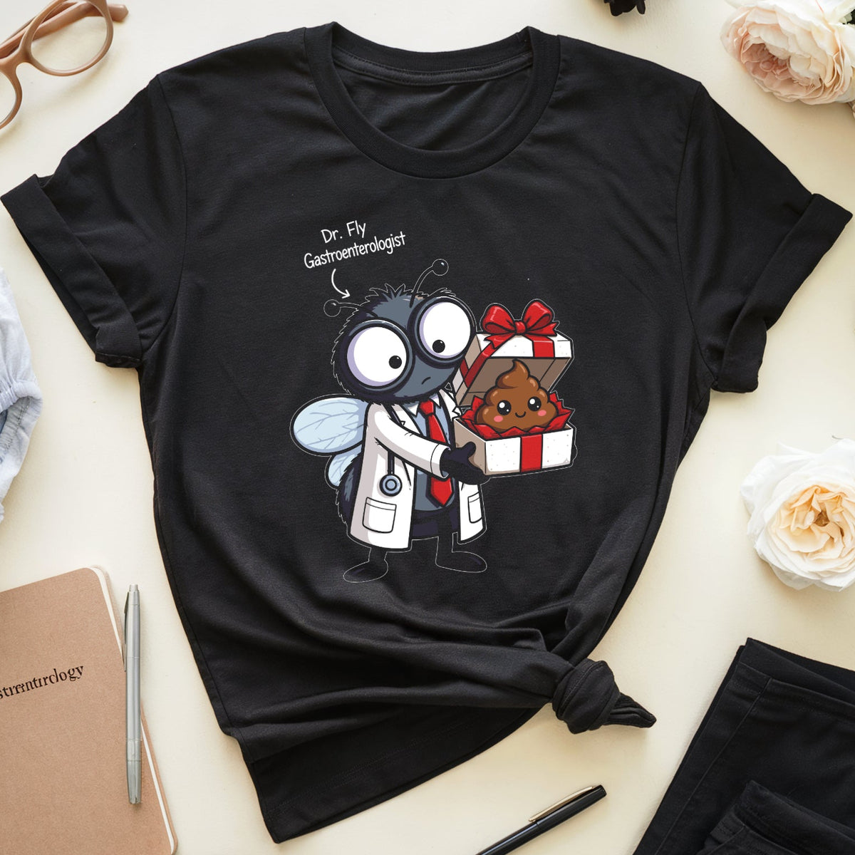 A black graphic T-shirt laid flat on a light cream background, surrounded by styled props including flowers, glasses, a notebook, a pen, and black pants. The shirt features a cartoon fly dressed as a doctor holding a gift box with the text 'Be My Goodneighbor.