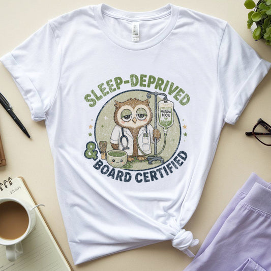 A white graphic t-shirt featuring a cartoon owl doctor with the text 'SLEEP-DEPRIVED BOARD CERTIFIED' on the front, styled in a flat lay with lavender scrubs, a coffee cup, glasses, a notebook, and a small plant on a beige background.
