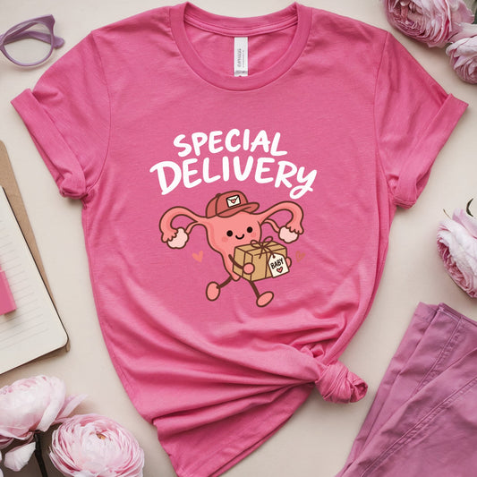 A pink graphic T-shirt laid flat on a light beige surface with pink flowers, glasses, a notebook, and a matching pink garment around it. The shirt has a cartoon uterus delivering a package with the words “SPECIAL DELIVERY” across the front.